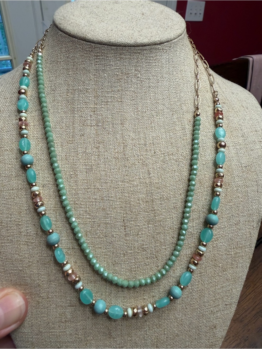 Park Lane Aqua and Turquoise Layered Beaded Necklace with Gold Accents